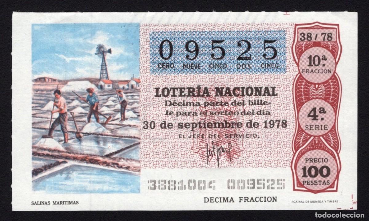 Nationale spanische Lotterie: L. Nacional 30 Septiembre 1978. Salinas Mar&iacute;timas. N&ordm; 09525. Adm&oacute;n 67 Do&ntilde;a Manolita. Madrid. Cambio