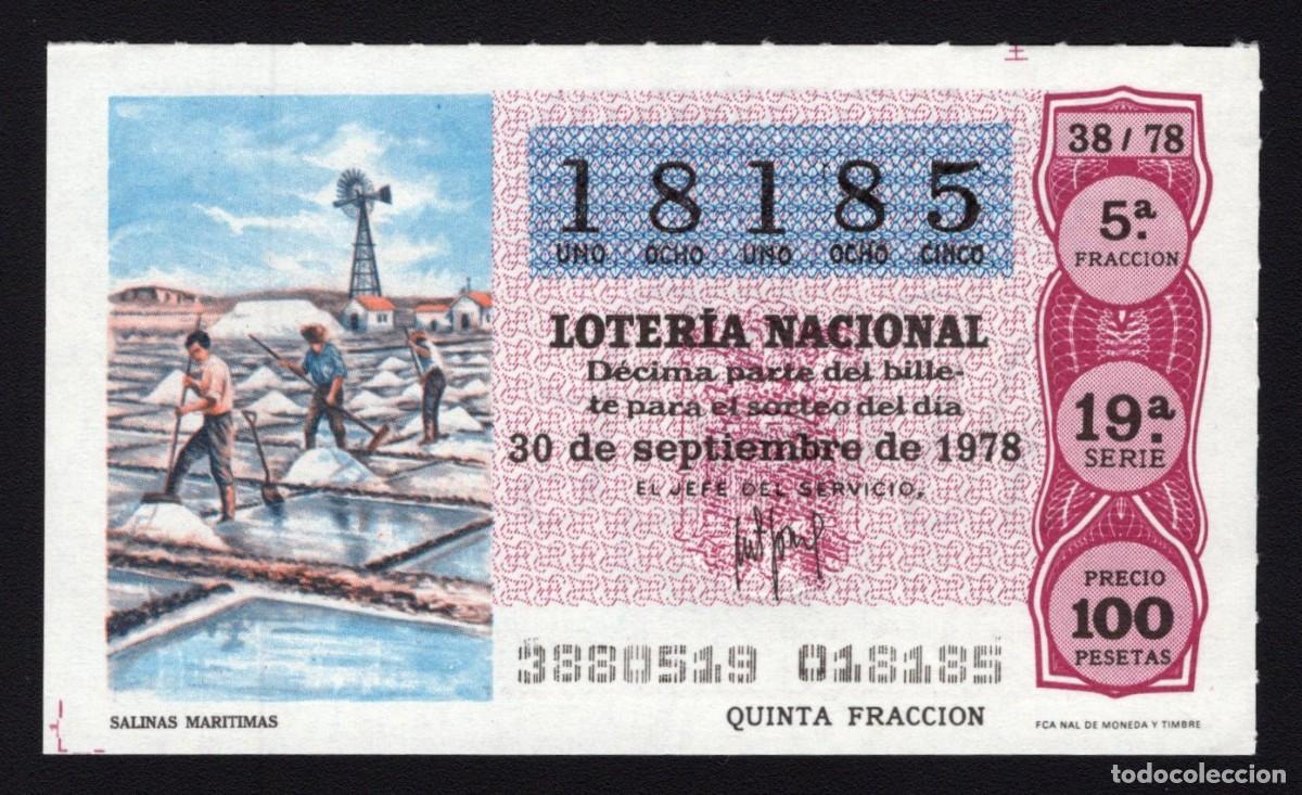 Nationale spanische Lotterie: L. Nacional 30 Septiembre 1978. Salinas Mar&iacute;timas. N&ordm; 18185. Adm&oacute;n 3. Santander. Desaparecida