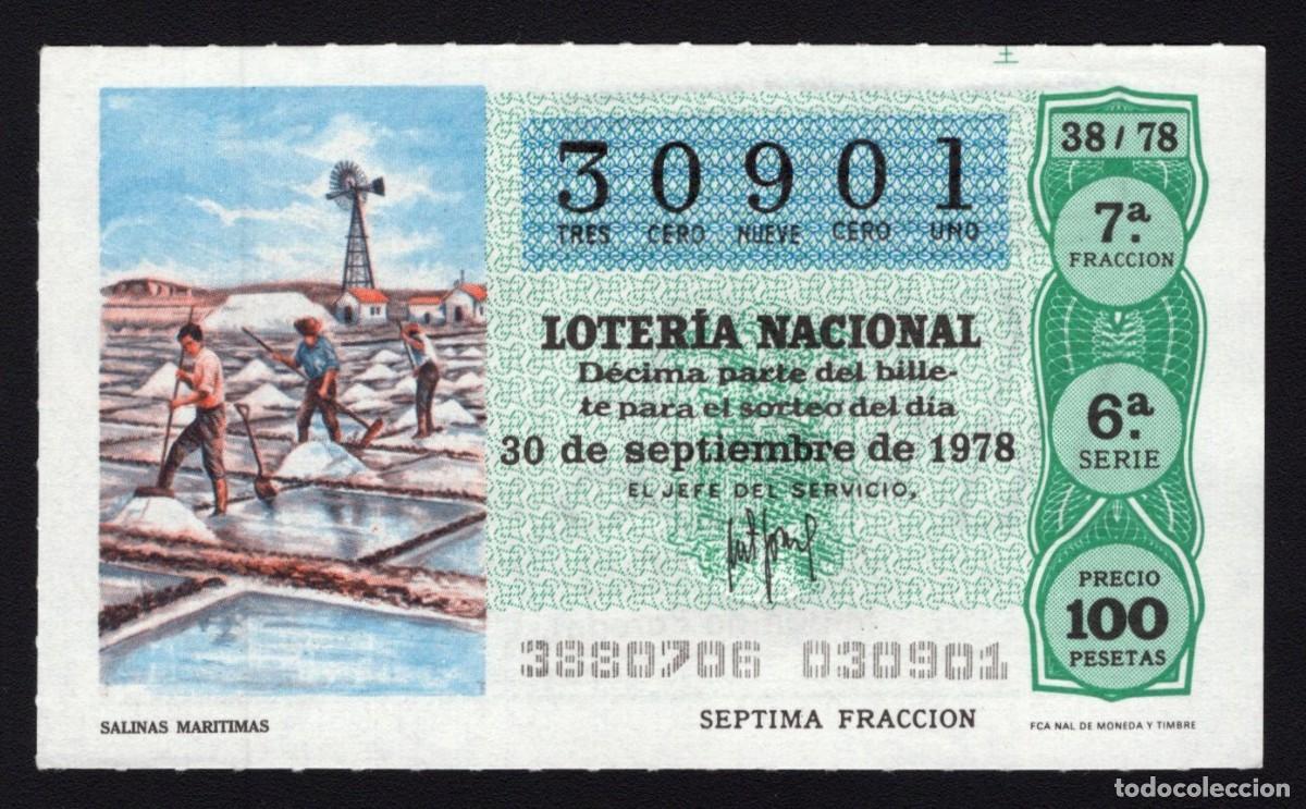 Nationale spanische Lotterie: L. Nacional 30 Septiembre 1978. Salinas Mar&iacute;timas. N&ordm; 30901. Admon 108 Alhambra. Madrid. Desaparecid