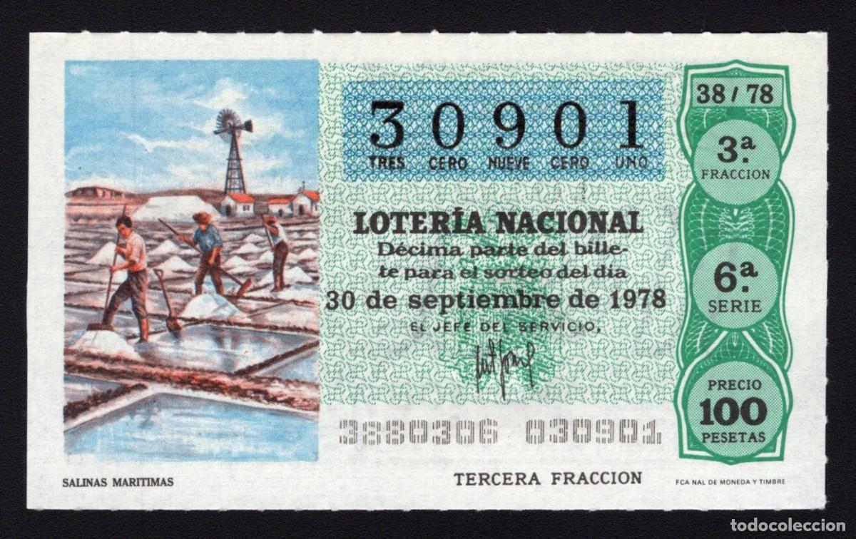 Nationale spanische Lotterie: L. Nacional 30 Septiembre 1978. Salinas Mar&iacute;timas. N&ordm; 30901. Admon 108 Alhambra. Madrid. Desaparecid