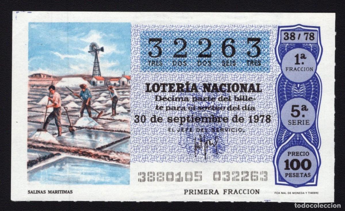 Nationale spanische Lotterie: L. Nacional 30 Septiembre 1978. Salinas Mar&iacute;timas. N&ordm; 32263. Adm&oacute;n 51. Madrid. Desaparecida.