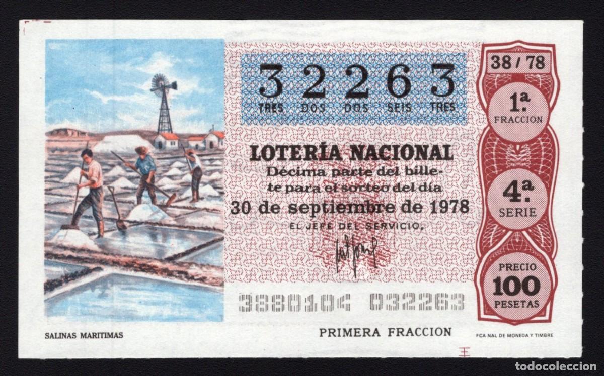Nationale spanische Lotterie: L. Nacional 30 Septiembre 1978. Salinas Mar&iacute;timas. N&ordm; 32263. Adm&oacute;n 51. Madrid. Desaparecida.