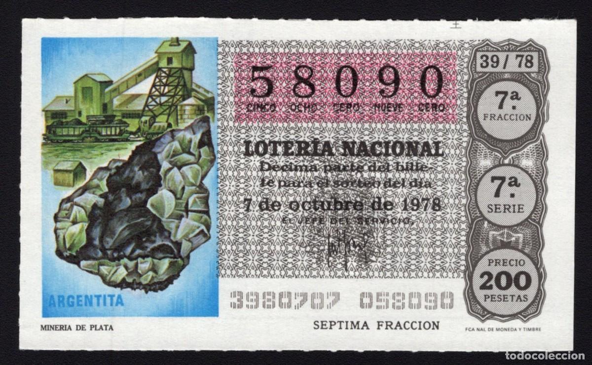 Nationale spanische Lotterie: L. Nacional 7 Octubre 1978. Miner&iacute;a de Plata. n&ordm; 58090. Admon n&ordm; 76 La Presilla Madrid. Desaparecida