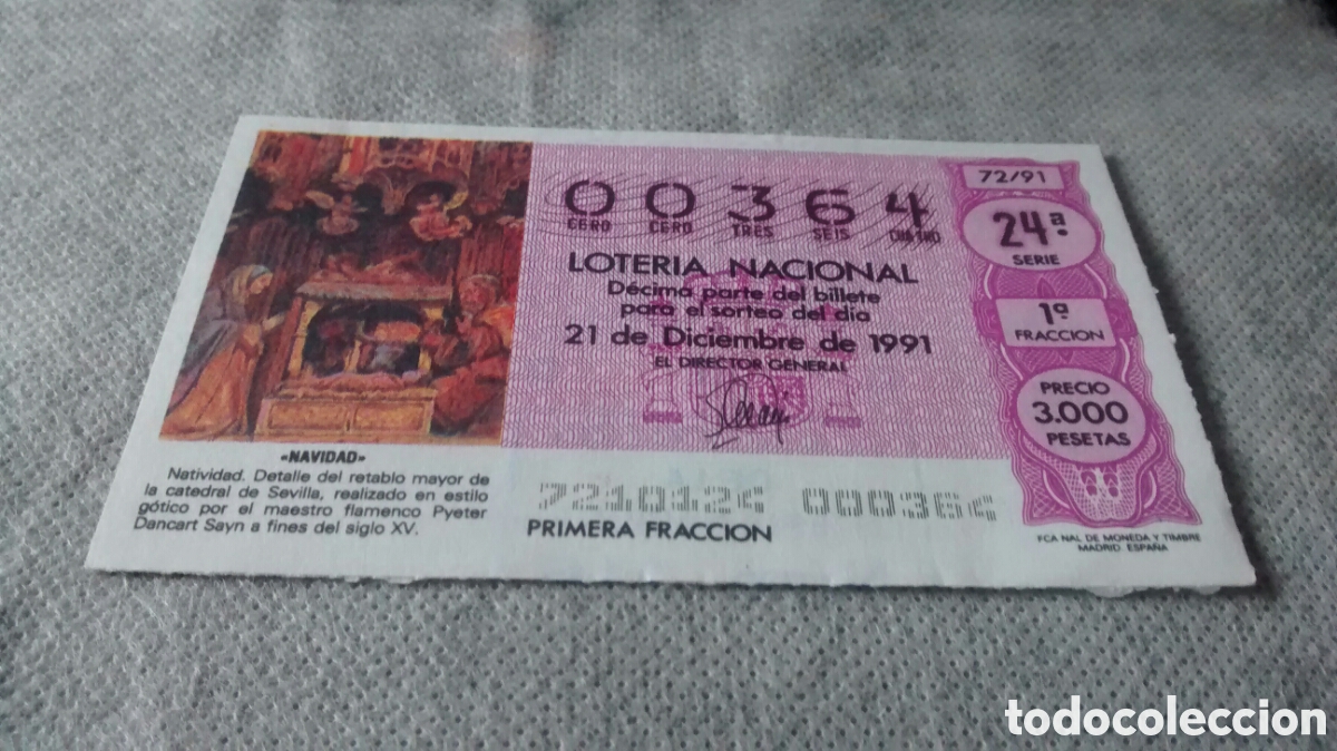National Spanish Lottery: DECIMO DE LA LOTERIA NACIONAL. SORTEO 21 DICIEMBRE 1991 72/91 NAVIDAD, NUMERO BAJO
