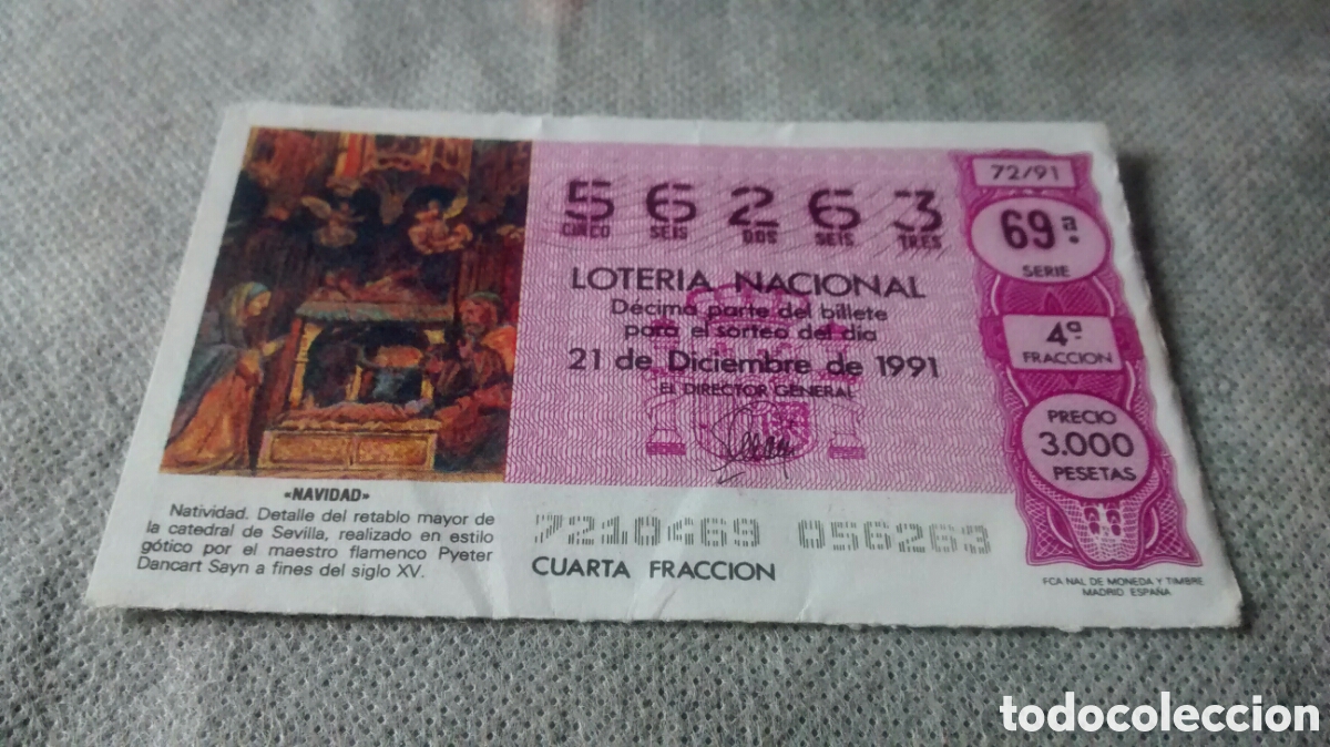 National Spanish Lottery: DECIMO DE LA LOTERIA NACIONAL. SORTEO 21 DICIEMBRE 1991 72/91 NAVIDAD,