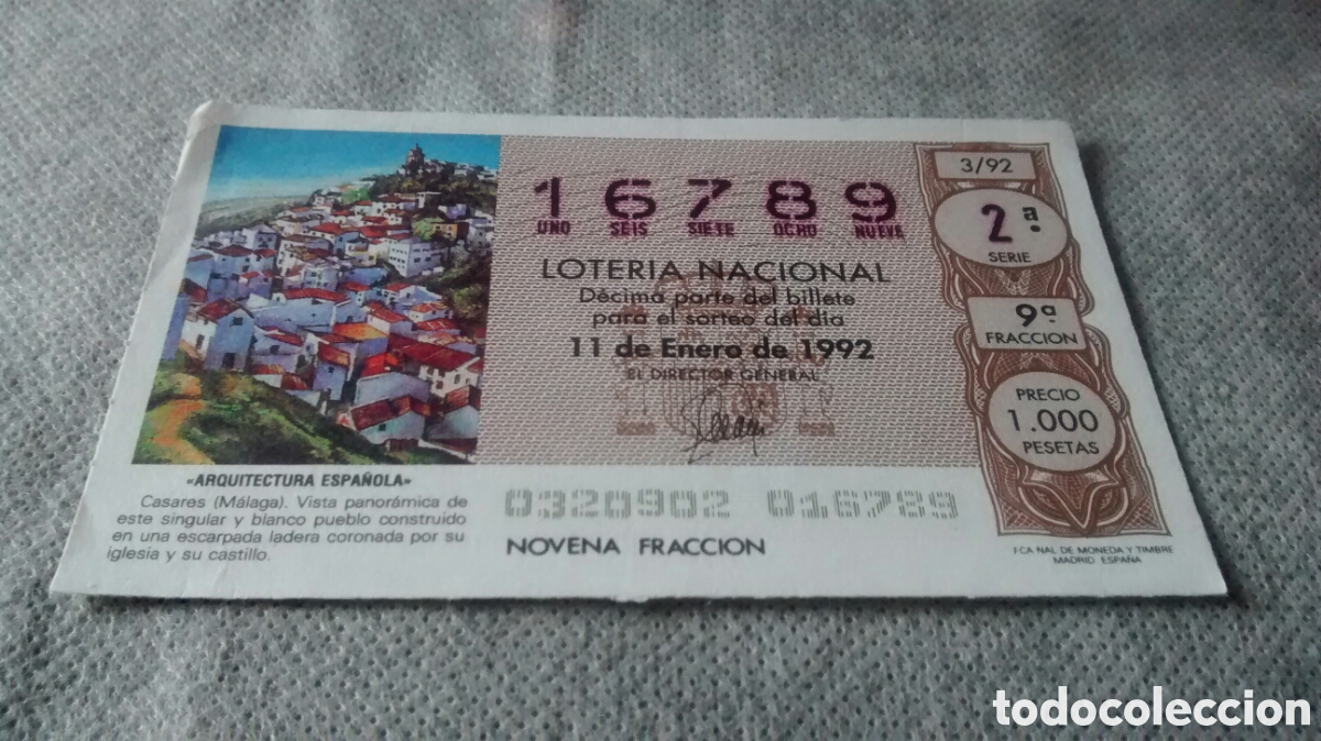 National Spanish Lottery: DECIMO DE LA LOTERIA NACIONAL. SORTEO 11 ENERO 1992 3/92 ARQUITECTURA ESPA&Ntilde;OLA CASARES, MALAGA