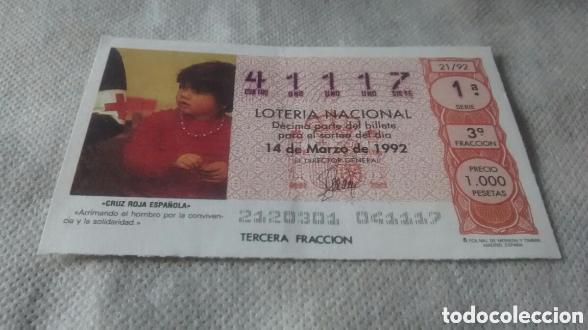 National Spanish Lottery: DECIMO DE LA LOTERIA NACIONAL. SORTEO 14 MARZO 1992 21/92 CRUZ ROJA ESPA&Ntilde;OLA