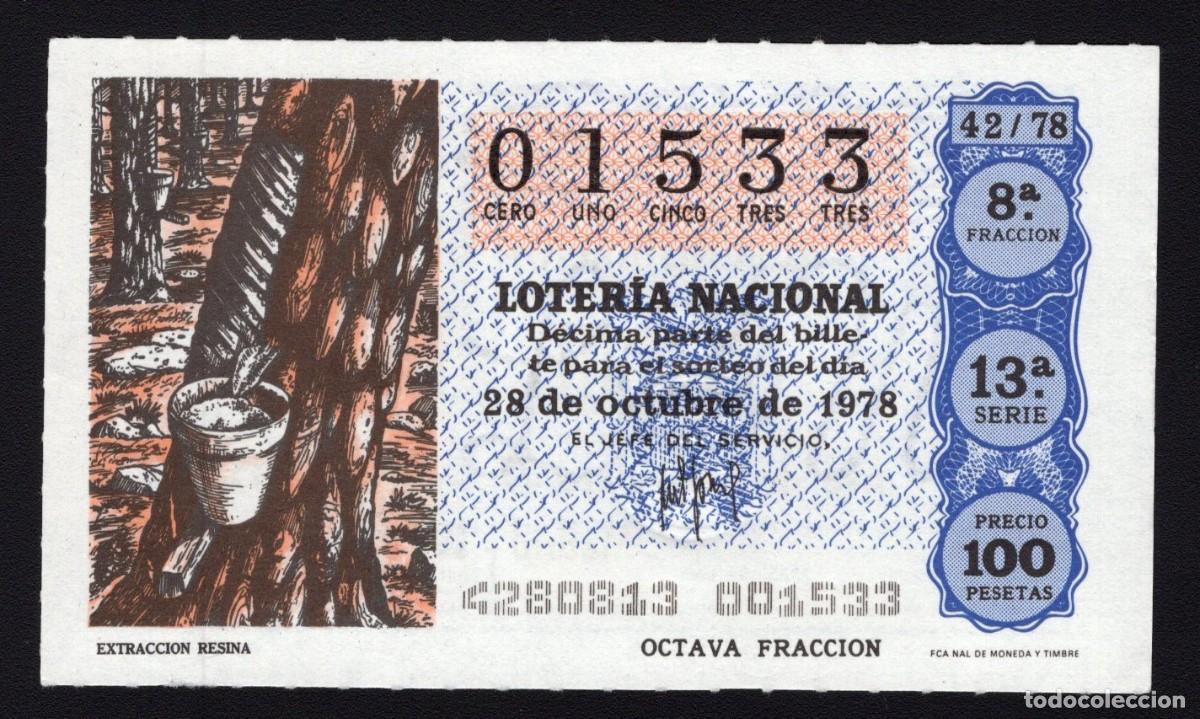 National Spanish Lottery: L. Nacional 28 Octubre 1978. Extracci&oacute;n Resina. N&ordm; 01533. Admon 166 La Gaviota. Madrid. Desaparecida