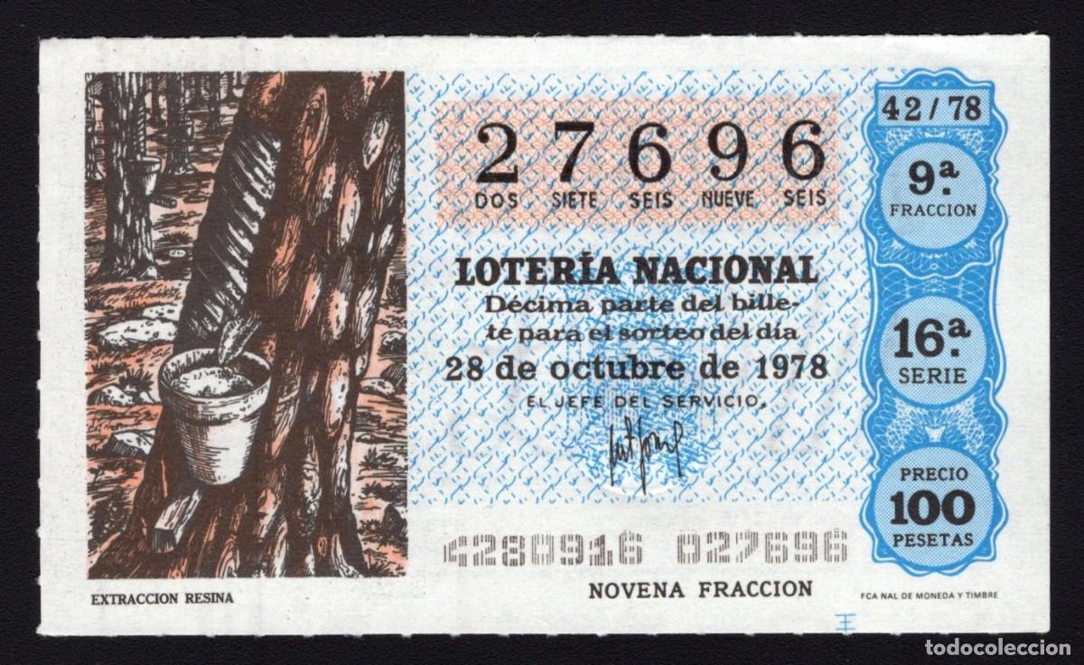 National Spanish Lottery: L. Nacional 28 Octubre 1978. Extracci&oacute;n Resina. N&ordm; 27696. Admon 111. Madrid.