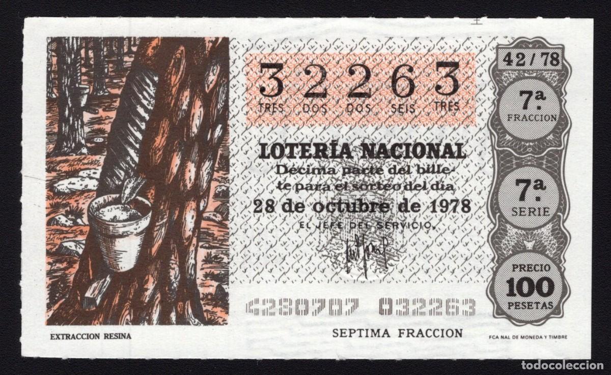 Loterie Nationale: L. Nacional 28 Octubre 1978. Extracci&oacute;n Resina. N&ordm; 32263. Admon 51. Madrid. Desaparecida.