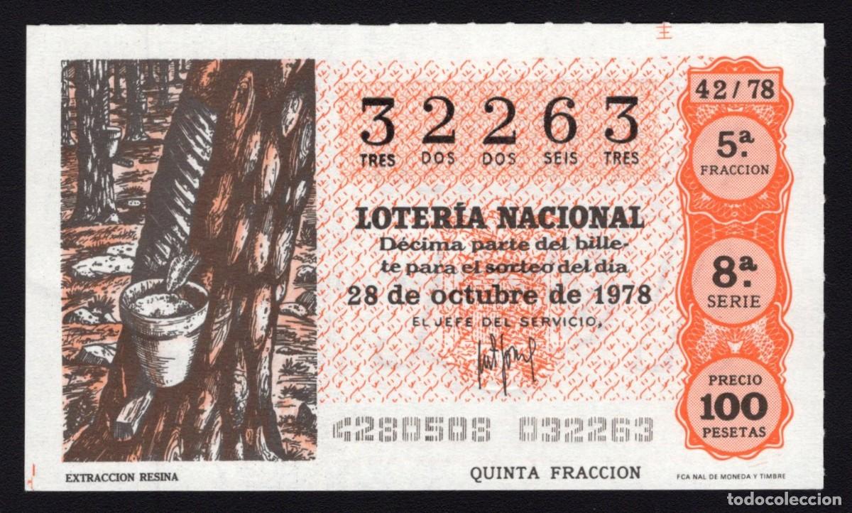 Loterie Nationale: L. Nacional 28 Octubre 1978. Extracci&oacute;n Resina. N&ordm; 32263. Admon 51. Madrid. Desaparecida.