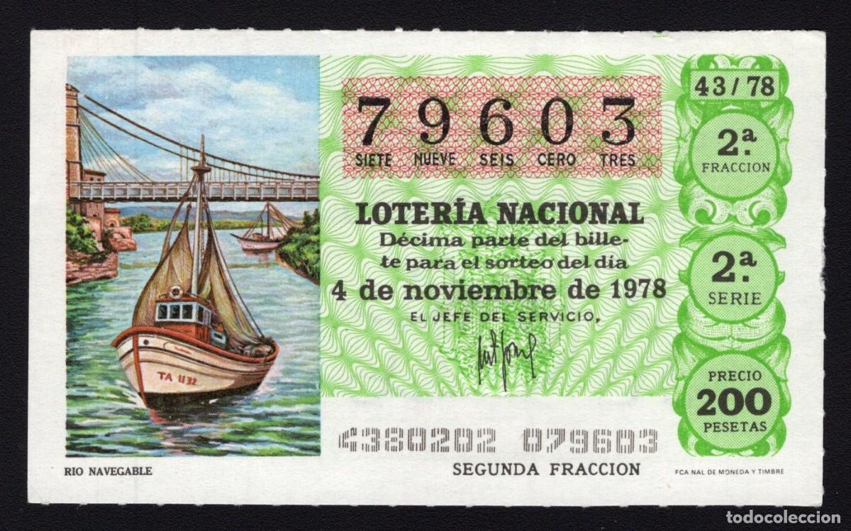 Loterie Nationale: L. Nacional 4 Noviembre 1978. Rio Navegable. N&ordm; 79603. Adm&oacute;n 141 Estaci&oacute;n de Autobuses. Madrid. Desa