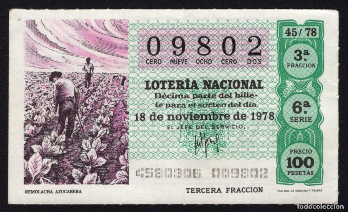 Loterie Nationale: L Nacional 18 Noviembre 1978. Remolacha Azucarera. N&ordm; 09802. Adm&oacute;n 63. Madrid. Desaparecida.