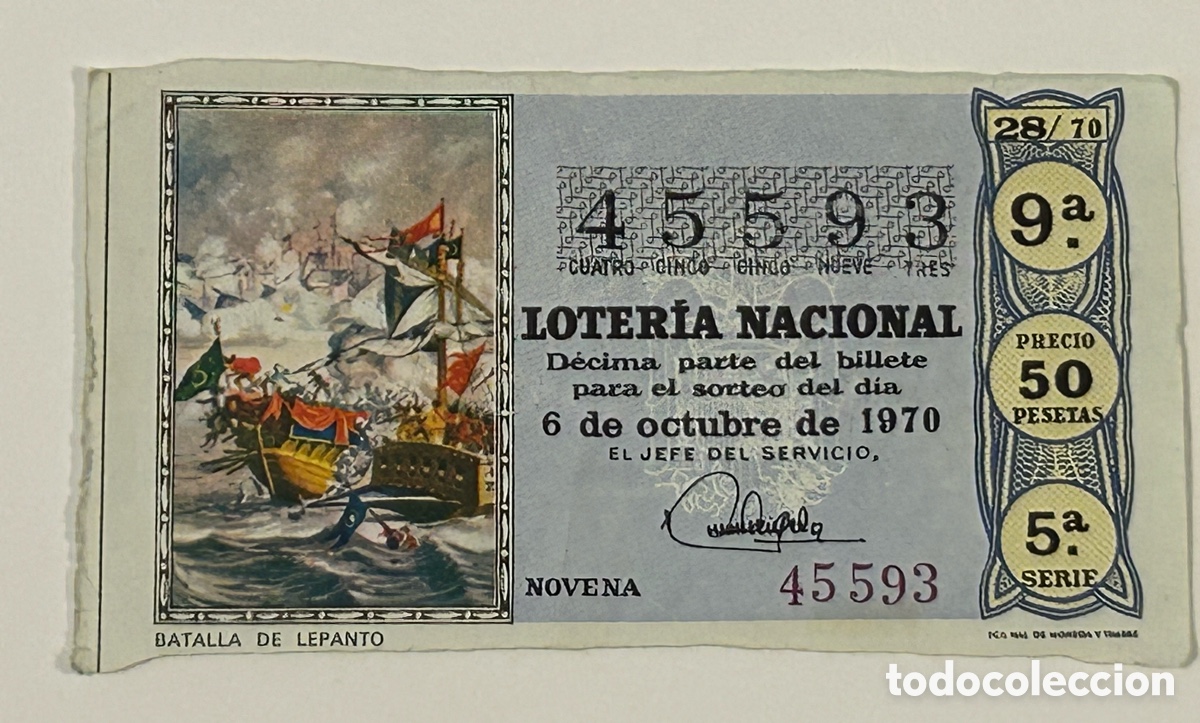 National Spanish Lottery: LOTER&Iacute;A NACIONAL 1970. SORTEO 28. SERIE 5&ordf;. FRACCI&Oacute;N 9&ordf;. ADM. 16. SEVILLA. BATALLA DE LEPANTO