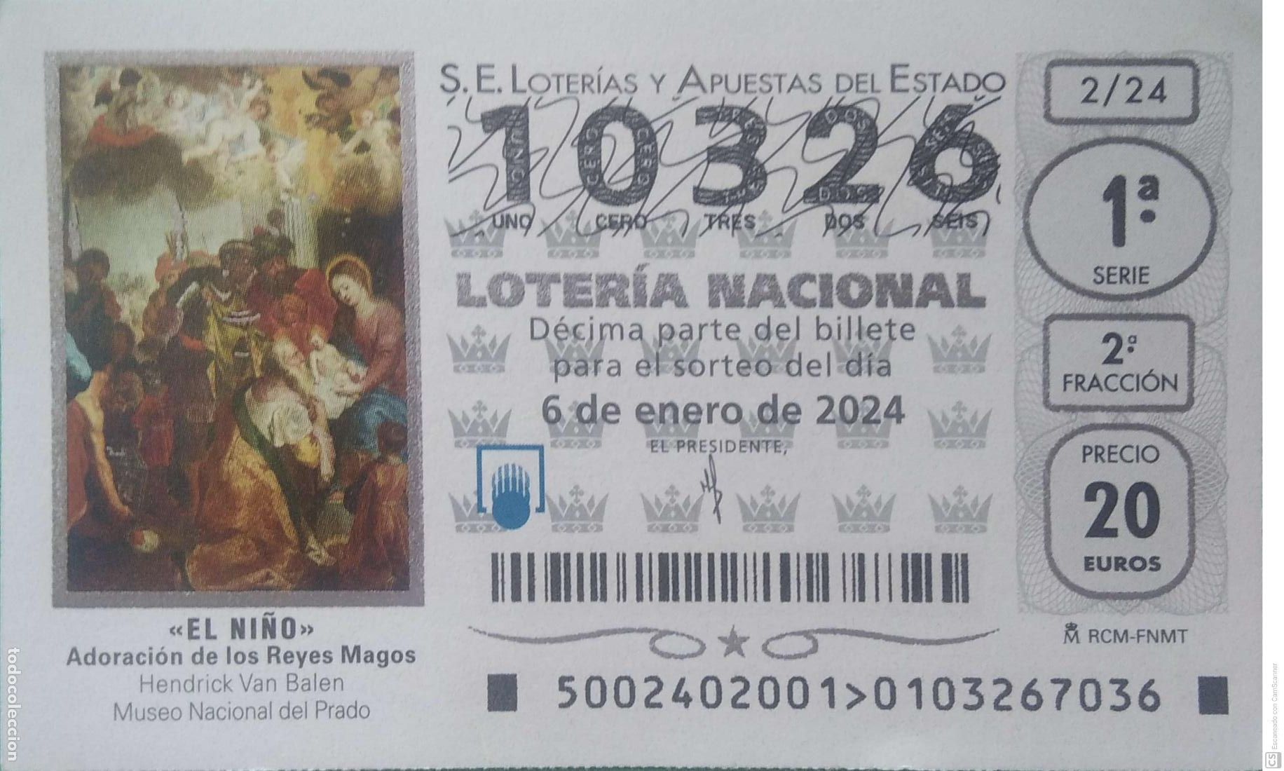 Loterie Nationale: Espa&ntilde;a. Loter&iacute;a. 2024. Sorteo: 2 El Ni&ntilde;o. Adoraci&oacute;n de los Reyes Magos de Hendrick Van Balen. Fecha