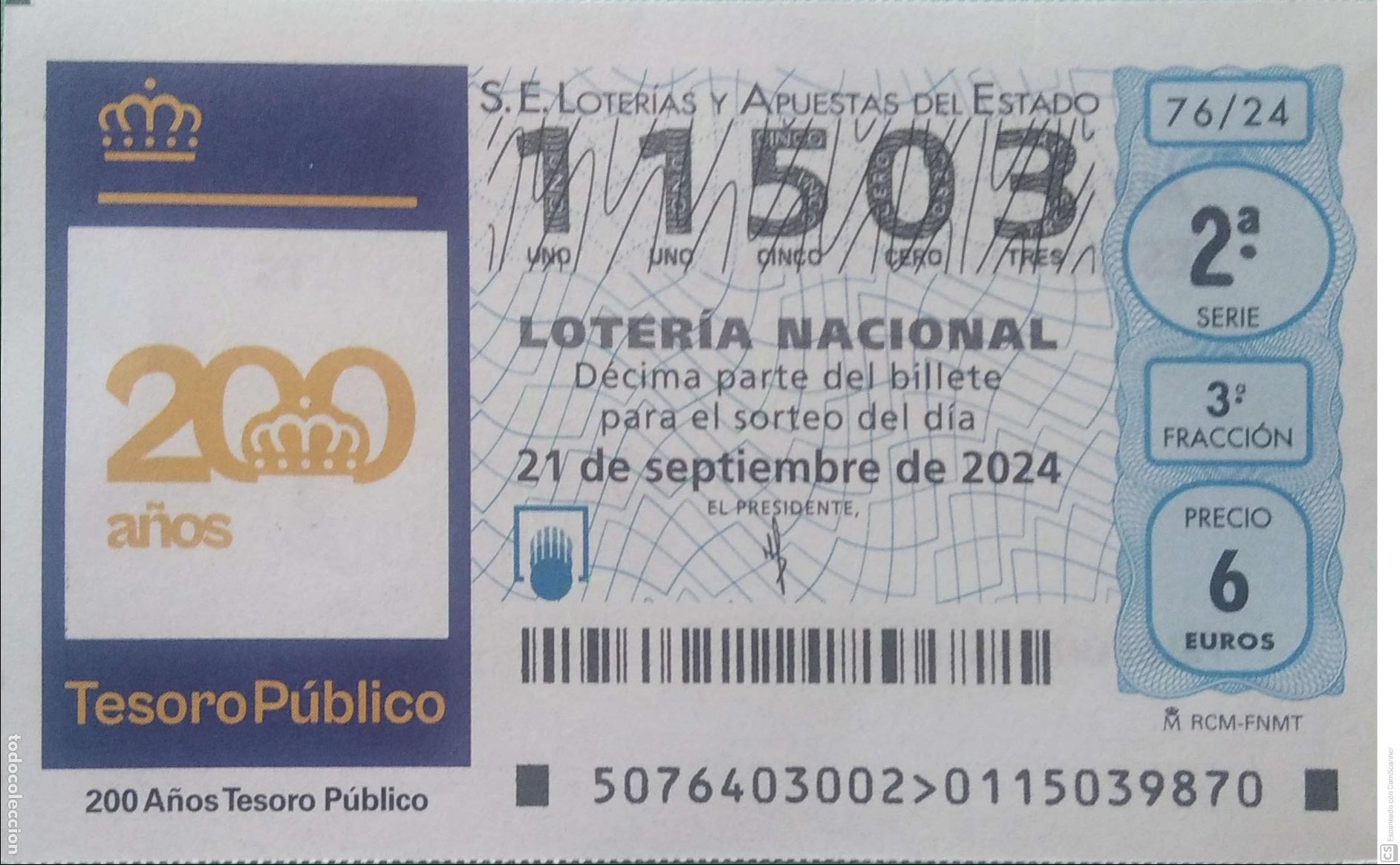 Loterie Nationale: Espa&ntilde;a. Loter&iacute;a. 2024. Sorteo: 76 Aniversario del Tesoro P&uacute;blico. Fecha: 21 septiembre