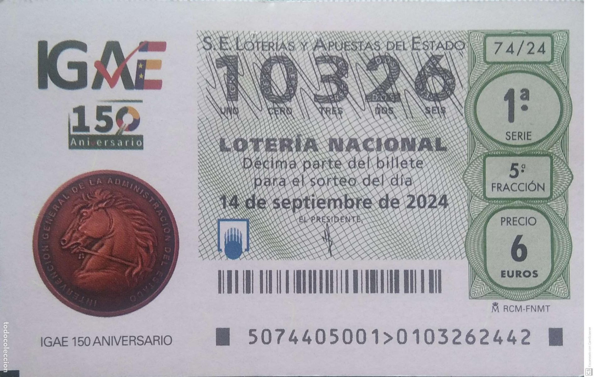 Loterie Nationale: Espa&ntilde;a. Loter&iacute;a. 2024. Sorteo: 74 IGAE 150 Aniversario. Fecha: 14 septiembre