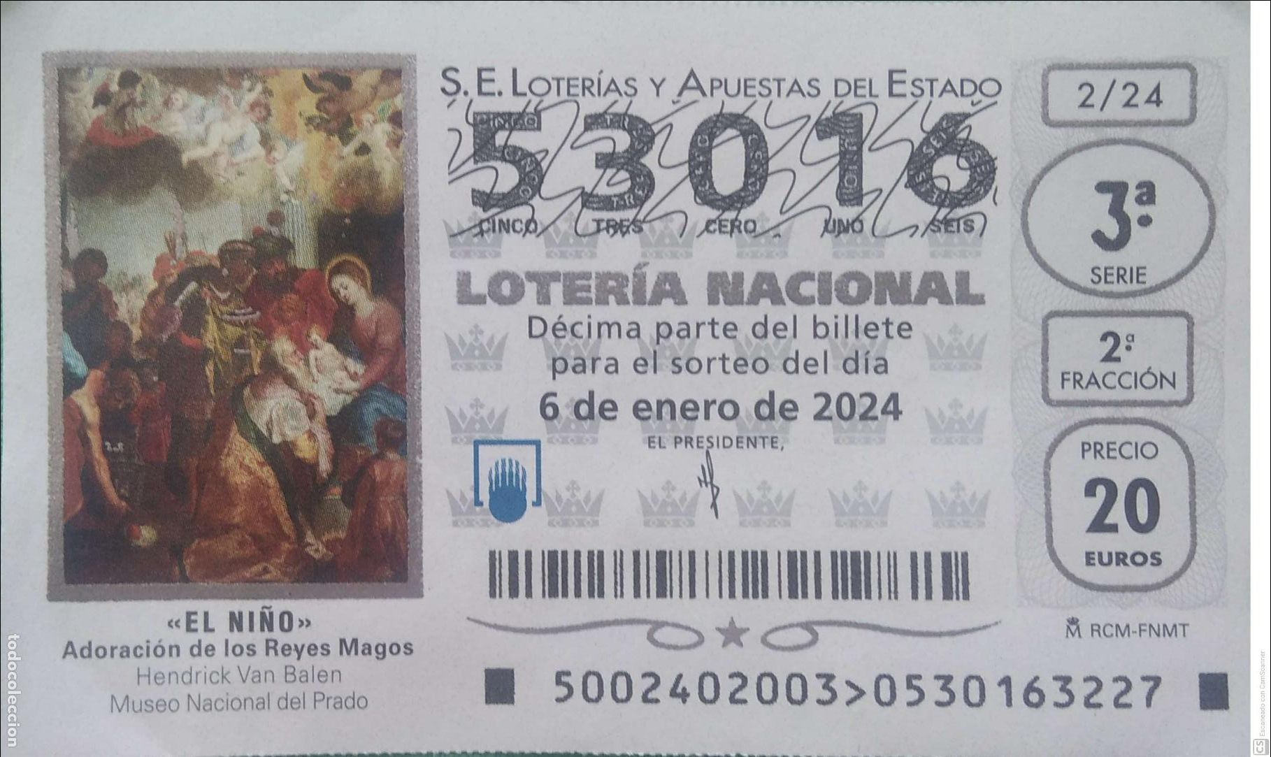 Loterie Nationale: Espa&ntilde;a. Loter&iacute;a. 2024. Sorteo: 2 El Ni&ntilde;o. Adoraci&oacute;n de los Reyes Magos de Hendrick Van Balen. Fecha