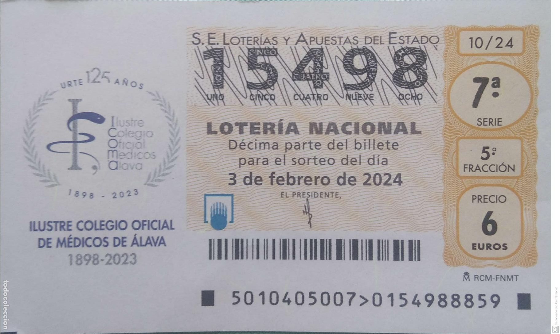 Loterie Nationale: Espa&ntilde;a. Loter&iacute;a. 2024. Sorteo: 10 Ilustre Colegio Oficial de M&eacute;dicos de &Aacute;lava 1898/2023. Fecha: 3 f