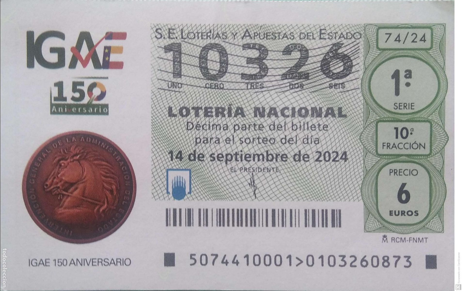 Loterie Nationale: Espa&ntilde;a. Loter&iacute;a. 2024. Sorteo: 74 IGAE 150 Aniversario. Fecha: 14 septiembre