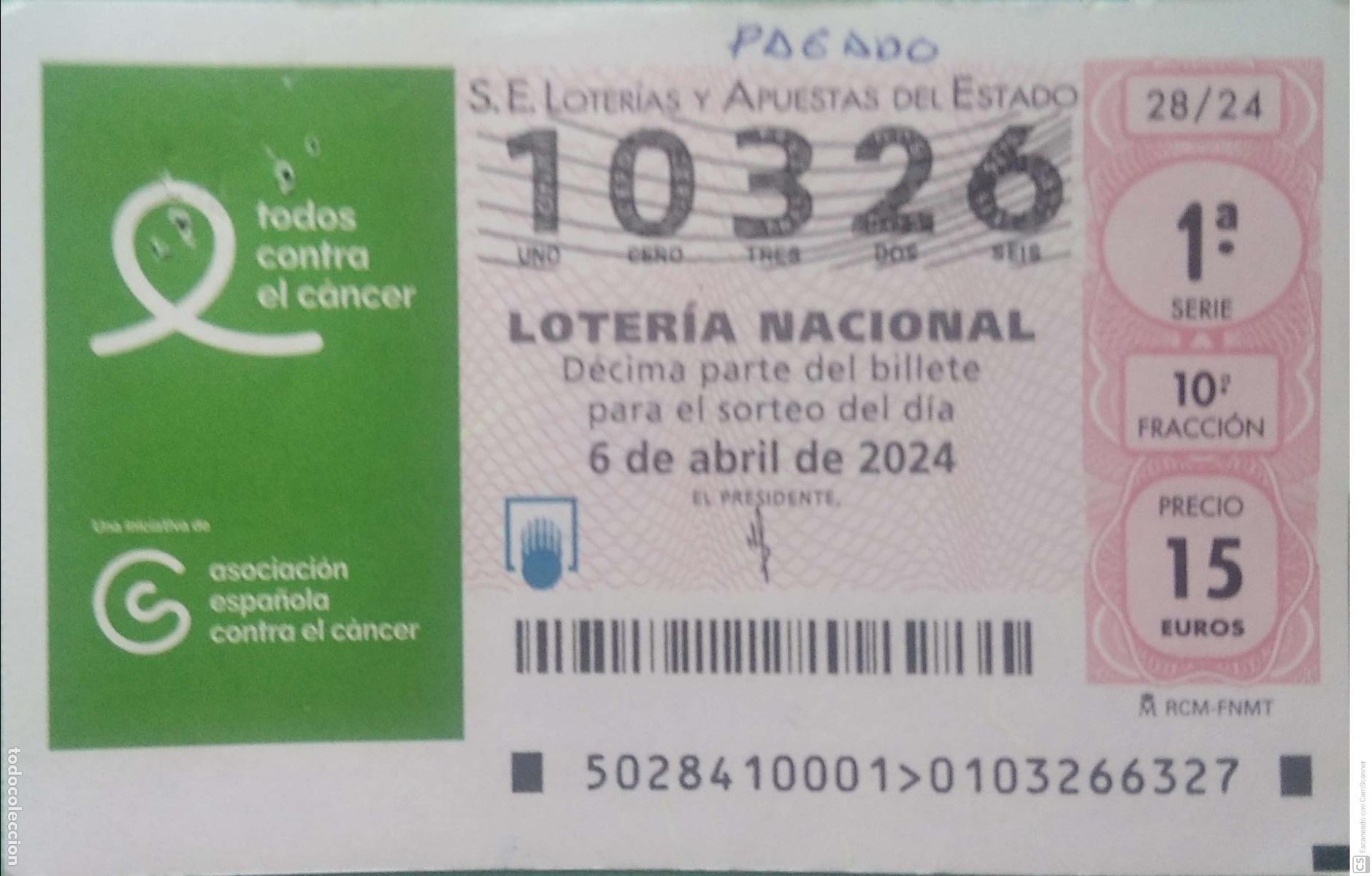 Loterie Nationale: Espa&ntilde;a. Loter&iacute;a. 2024. Sorteo: 28 Todos contra el c&aacute;ncer. Fecha: 6 abril.