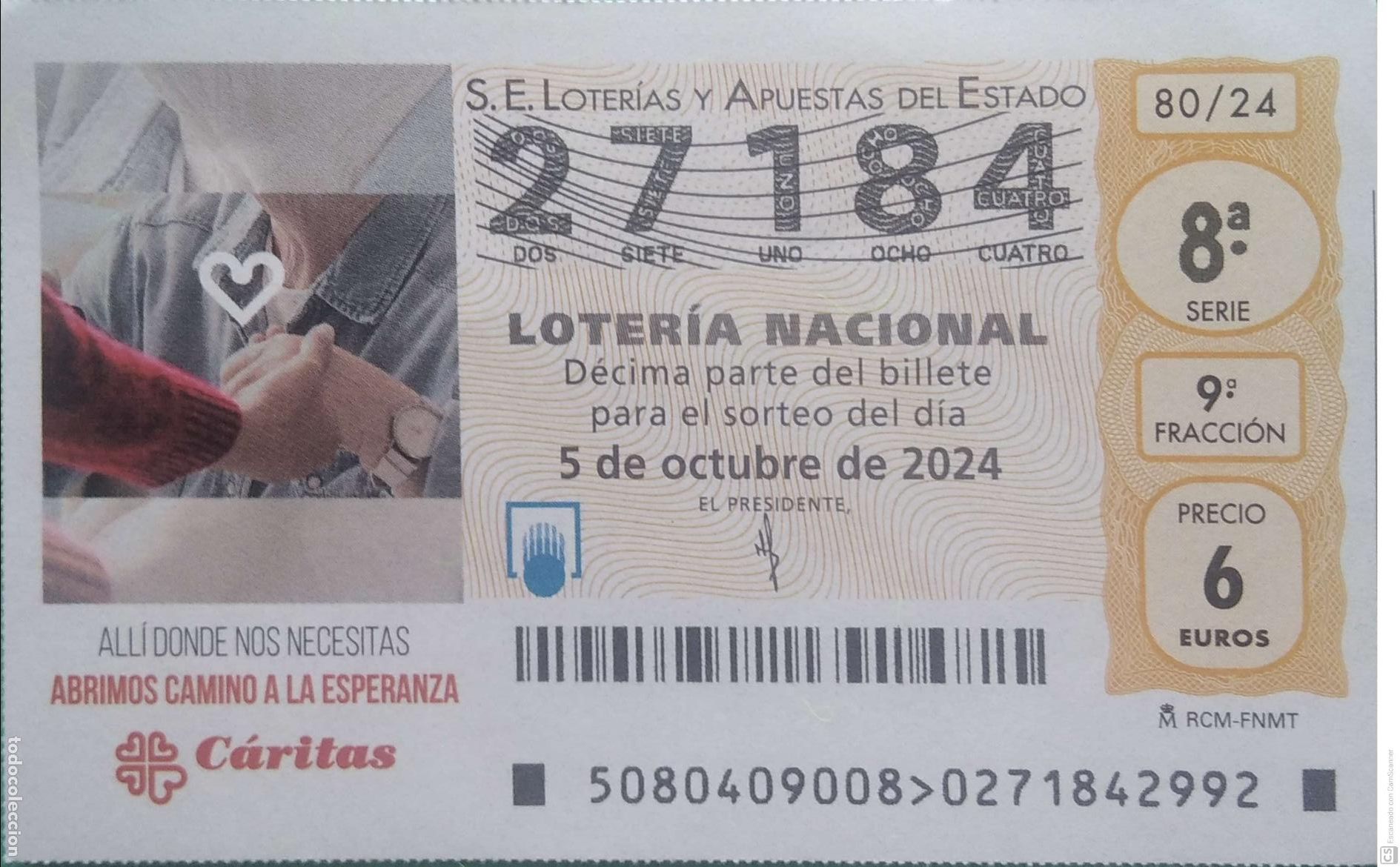 Lotaria Nacional: Espa&ntilde;a. Loter&iacute;a. 2024. Sorteo: 80 C&aacute;ritas. Abrimos camino a la Esperanza. Fecha: 5 octubre