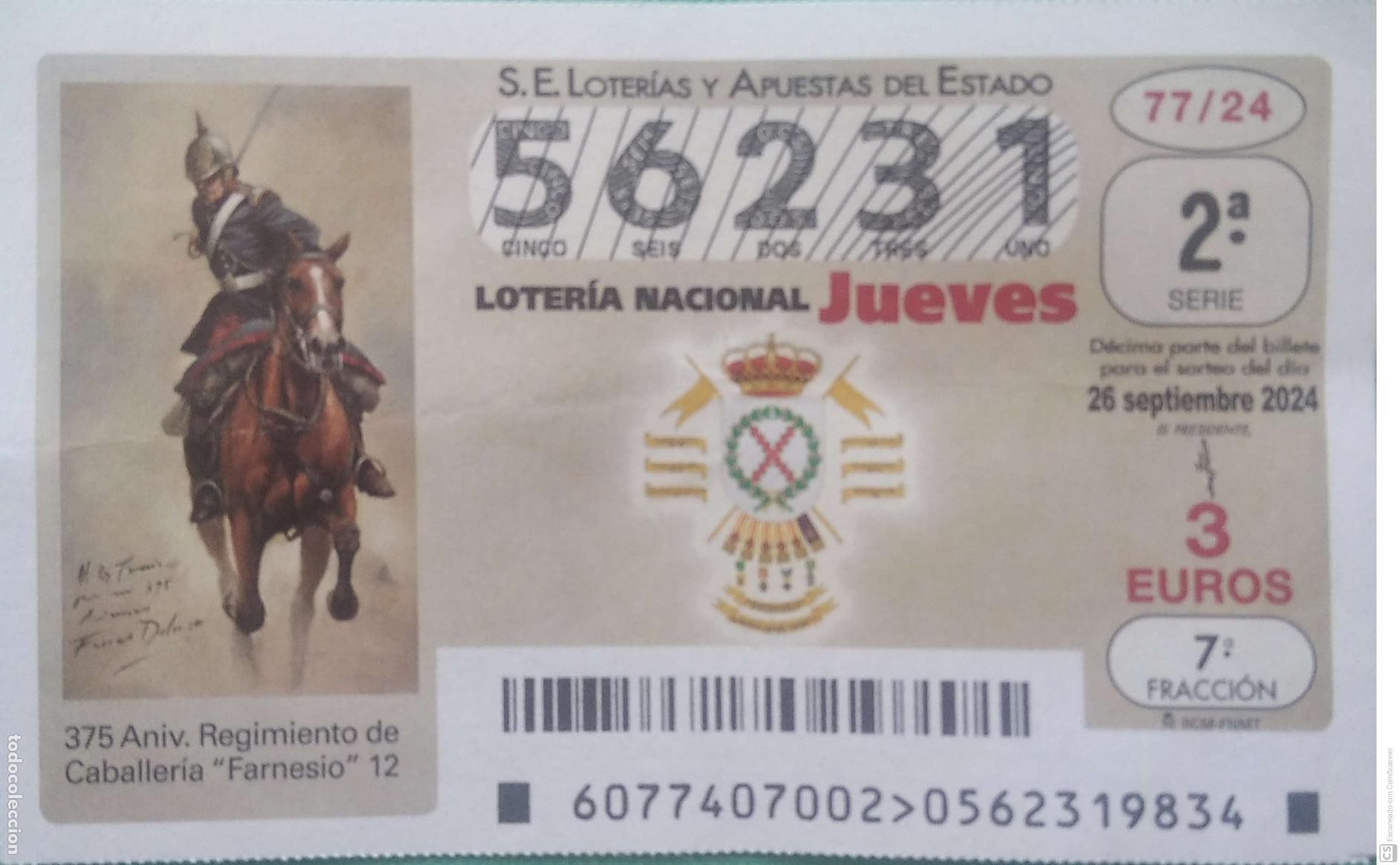 Lotaria Nacional: Espa&ntilde;a. Loter&iacute;a. 2024. Sorteo: 77 Aniversario Regimiento de Caballer&iacute;a Farnesio 12. Fecha: 26 septi