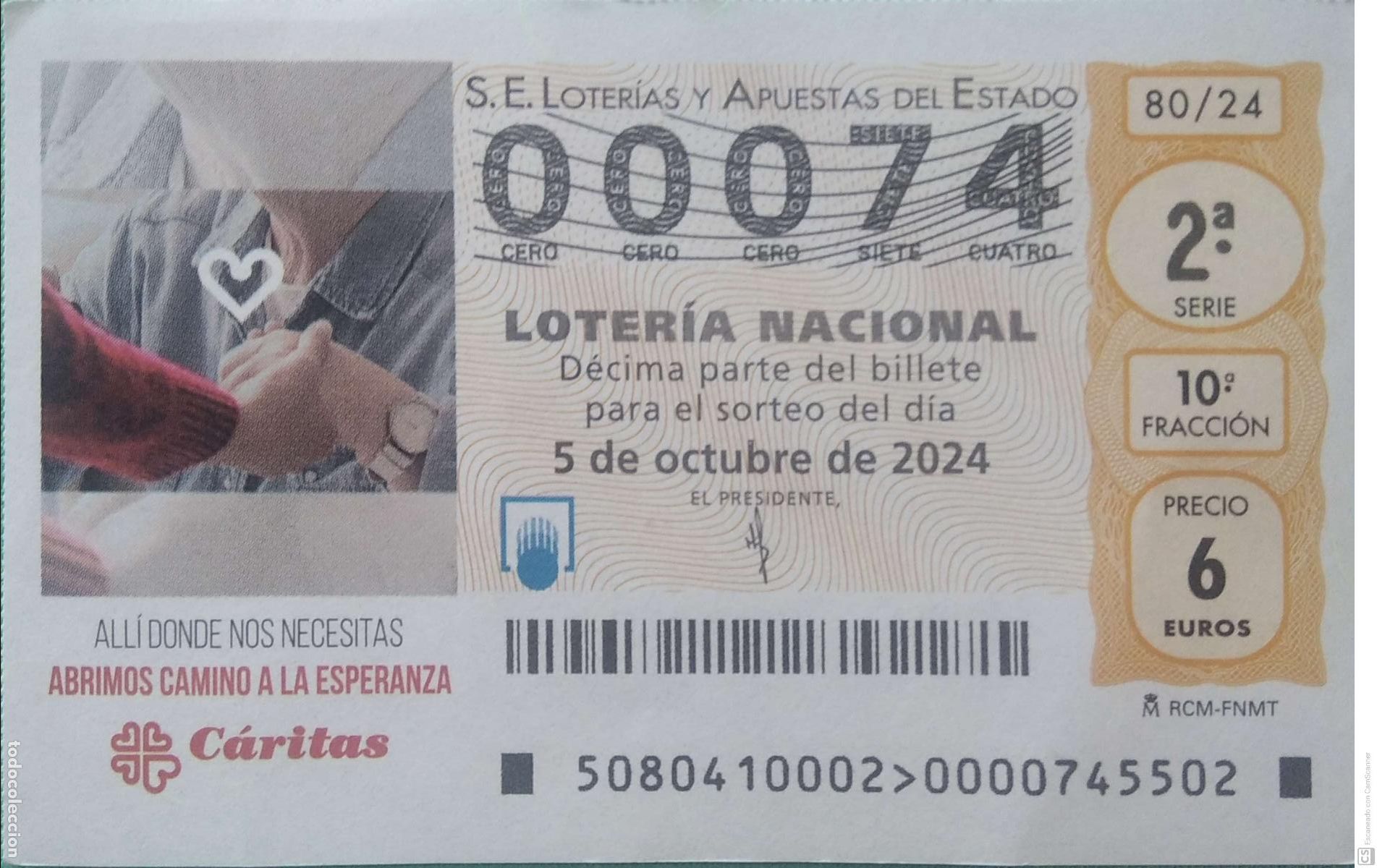 Lotaria Nacional: Espa&ntilde;a. Loter&iacute;a. 2024. Sorteo: 80 C&aacute;ritas. Abrimos camino a la Esperanza. Fecha: 5 octubre