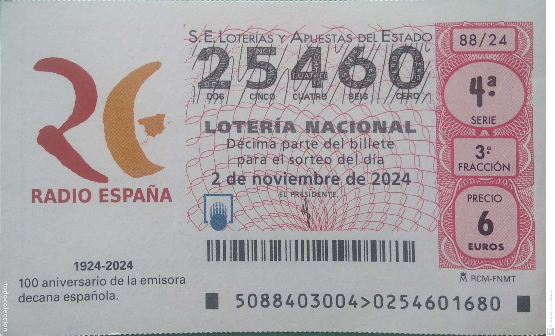 Lotaria Nacional: Espa&ntilde;a. Loter&iacute;a. 2024. Sorteo: 88 Aniversario de la emisora decana espa&ntilde;ola Radio Espa&ntilde;a. Fecha: 2