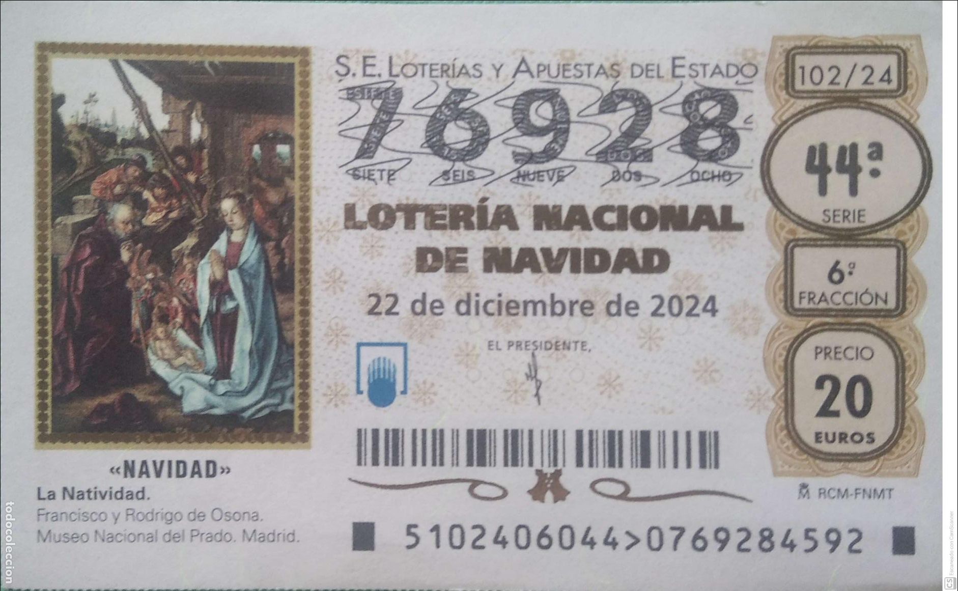 Lotaria Nacional: Espa&ntilde;a. Loter&iacute;a. 2024. Sorteo: 102 Navidad: La Natividad de Francisco y Rodrigo de Osona. Fecha: 22