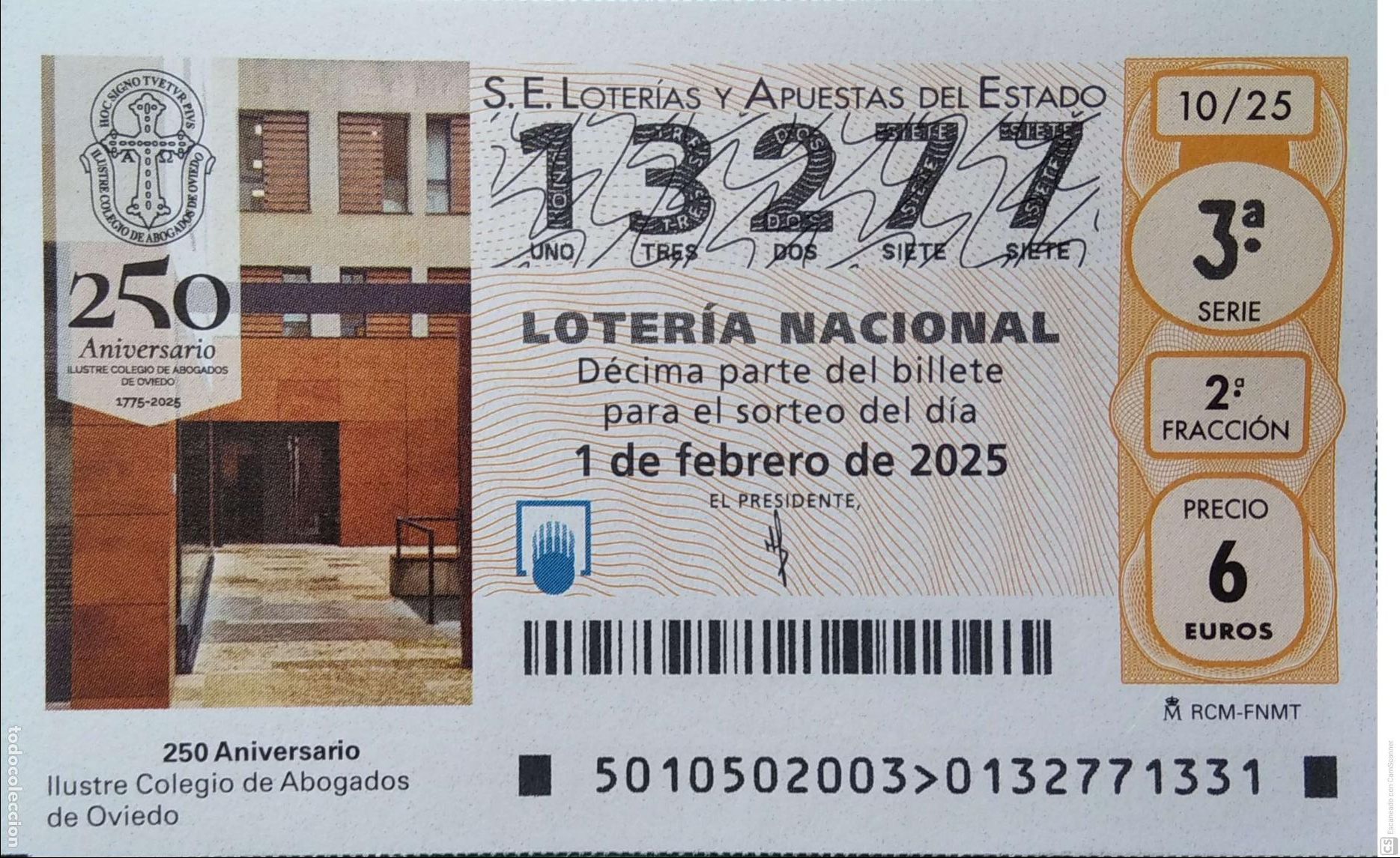 Lotaria Nacional: Espa&ntilde;a. Loter&iacute;a. 2025. Sorteo: 10 250 Aniversario Ilustre Colegio de Abogados de Oviedo. Fecha: 1 f