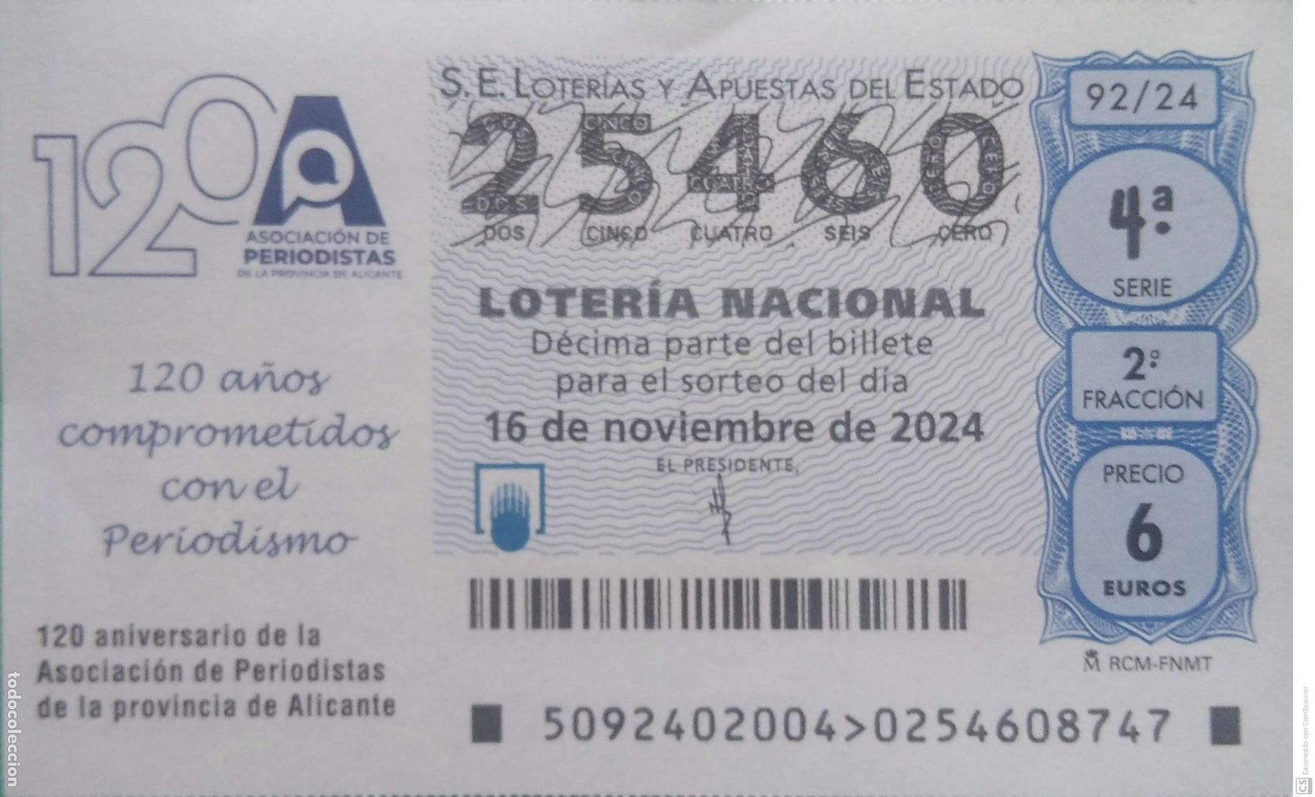 Lotaria Nacional: Espa&ntilde;a. Loter&iacute;a. 2024. Sorteo: 92 Aniversario de la Asociaci&oacute;n de Periodistas de la provincia de Al