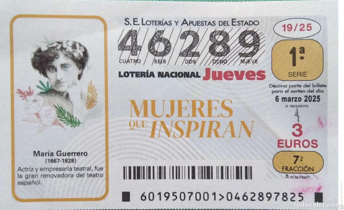 Lotaria Nacional: Espa&ntilde;a. Loter&iacute;a. 2025. Sorteo: 19 Mujeres que Inspiran: Mar&iacute;a Guerrero. Fecha: 6 marzo.