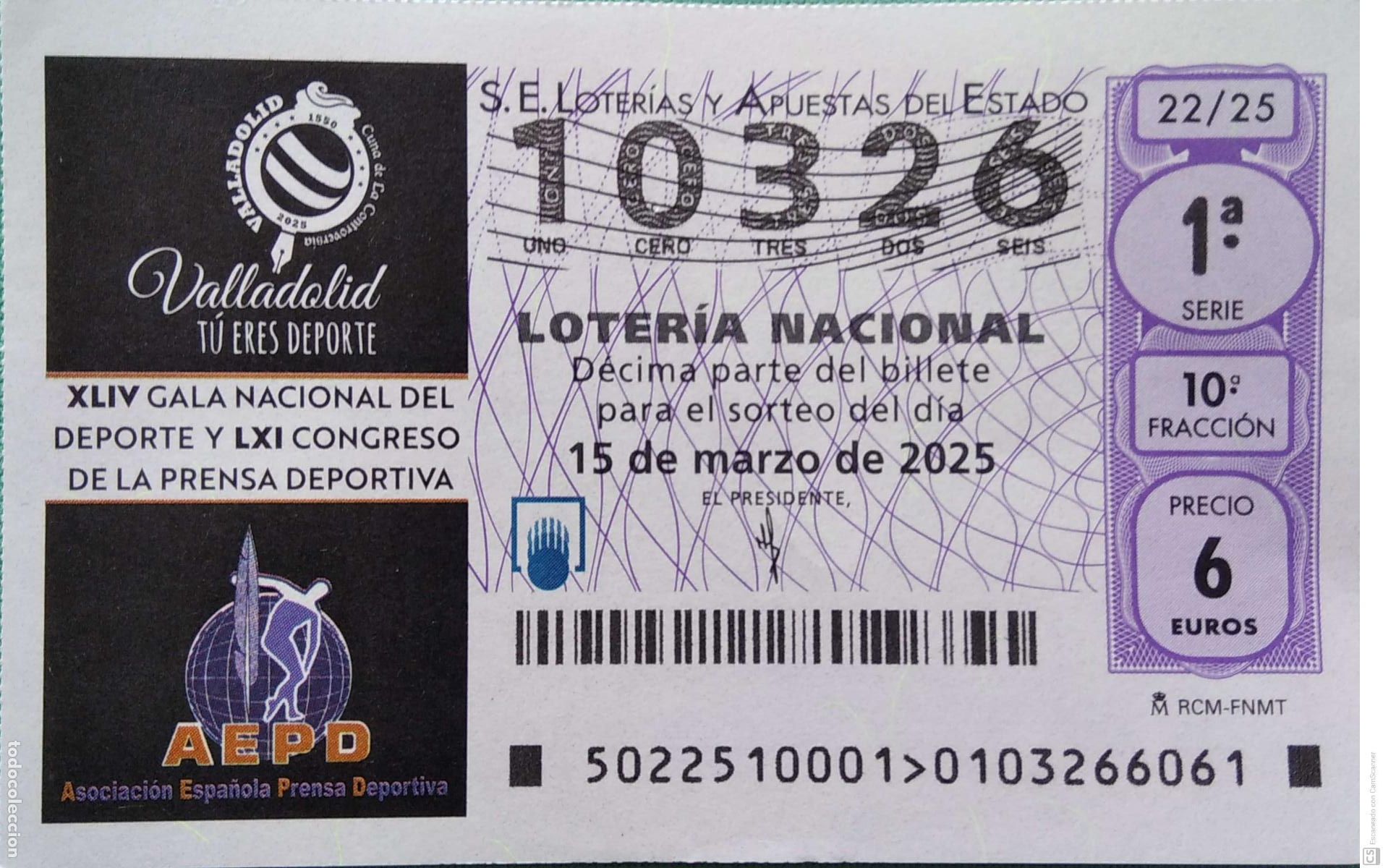 Lotaria Nacional: Espa&ntilde;a. Loter&iacute;a. 2025. Sorteo: 22 Valladolid: Gala Nacional del Deporte y Congreso de la Prensa Dep