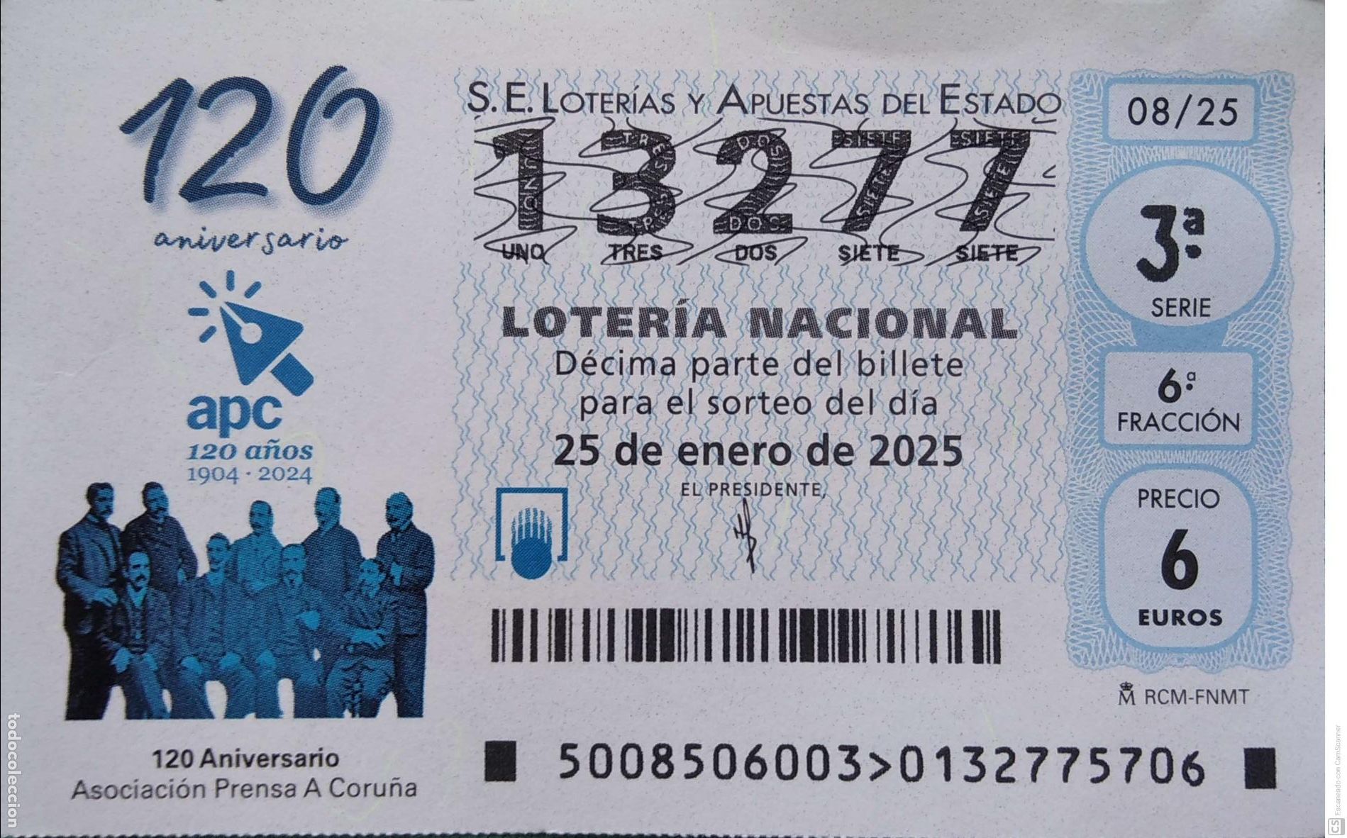 Lotaria Nacional: Espa&ntilde;a. Loter&iacute;a. 2025. Sorteo: 8 120 Aniversario Asociaci&oacute;n Prensa A Coru&ntilde;a. Fecha: 25 enero.
