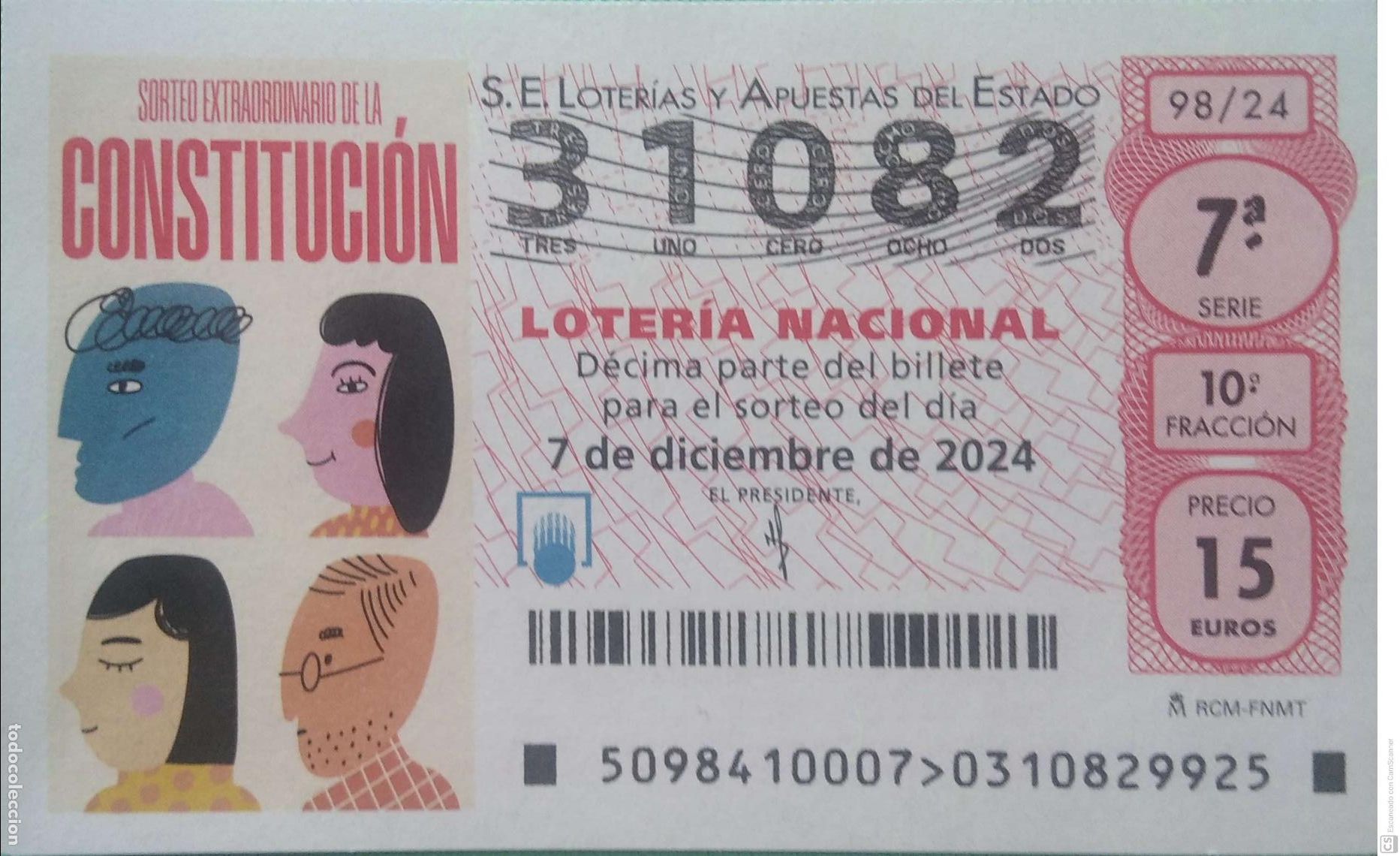 Lotaria Nacional: Espa&ntilde;a. Loter&iacute;a. 2024. Sorteo: 98 Sorteo extraordinario de la Constituci&oacute;n. Fecha: 7 diciembre