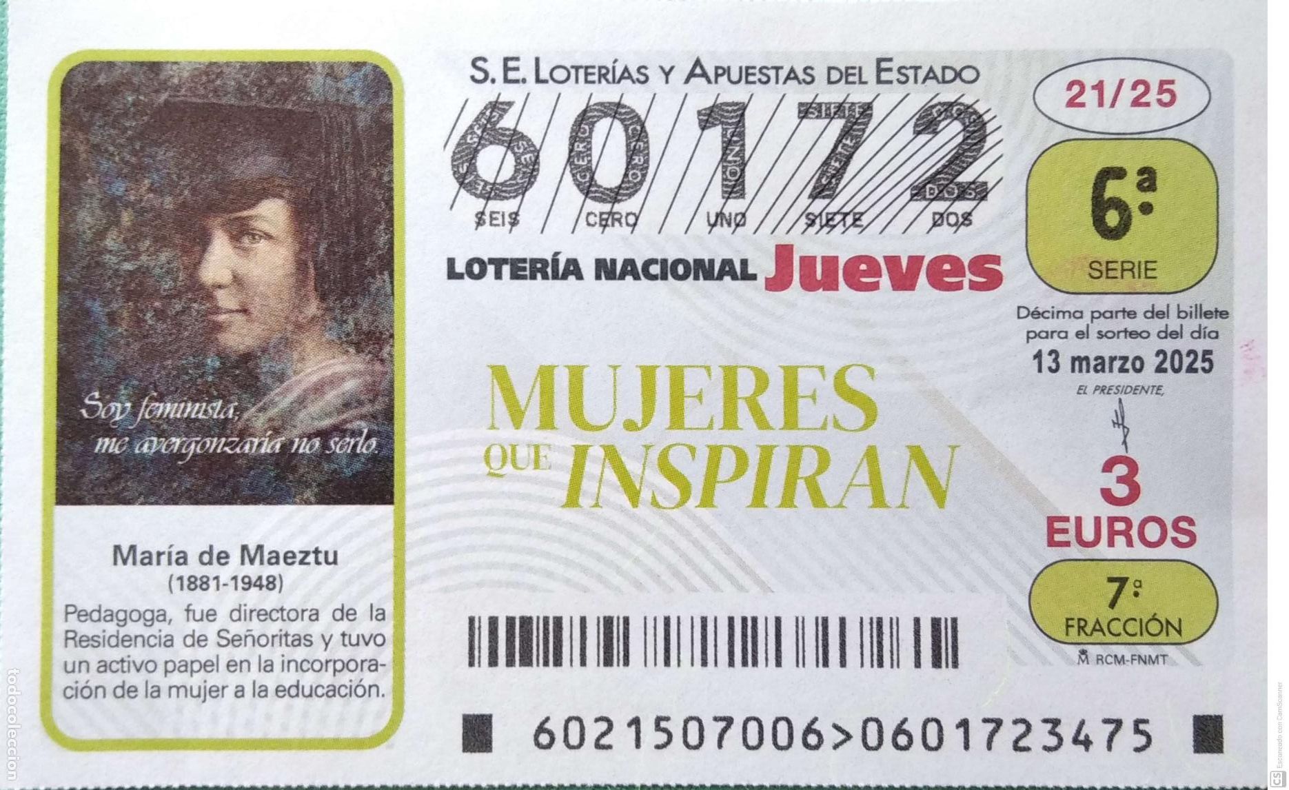 Lotaria Nacional: Espa&ntilde;a. Loter&iacute;a. 2025. Sorteo: 21 Mujeres que Inspiran: Mar&iacute;a de Maeztu. Fecha: 13 marzo.