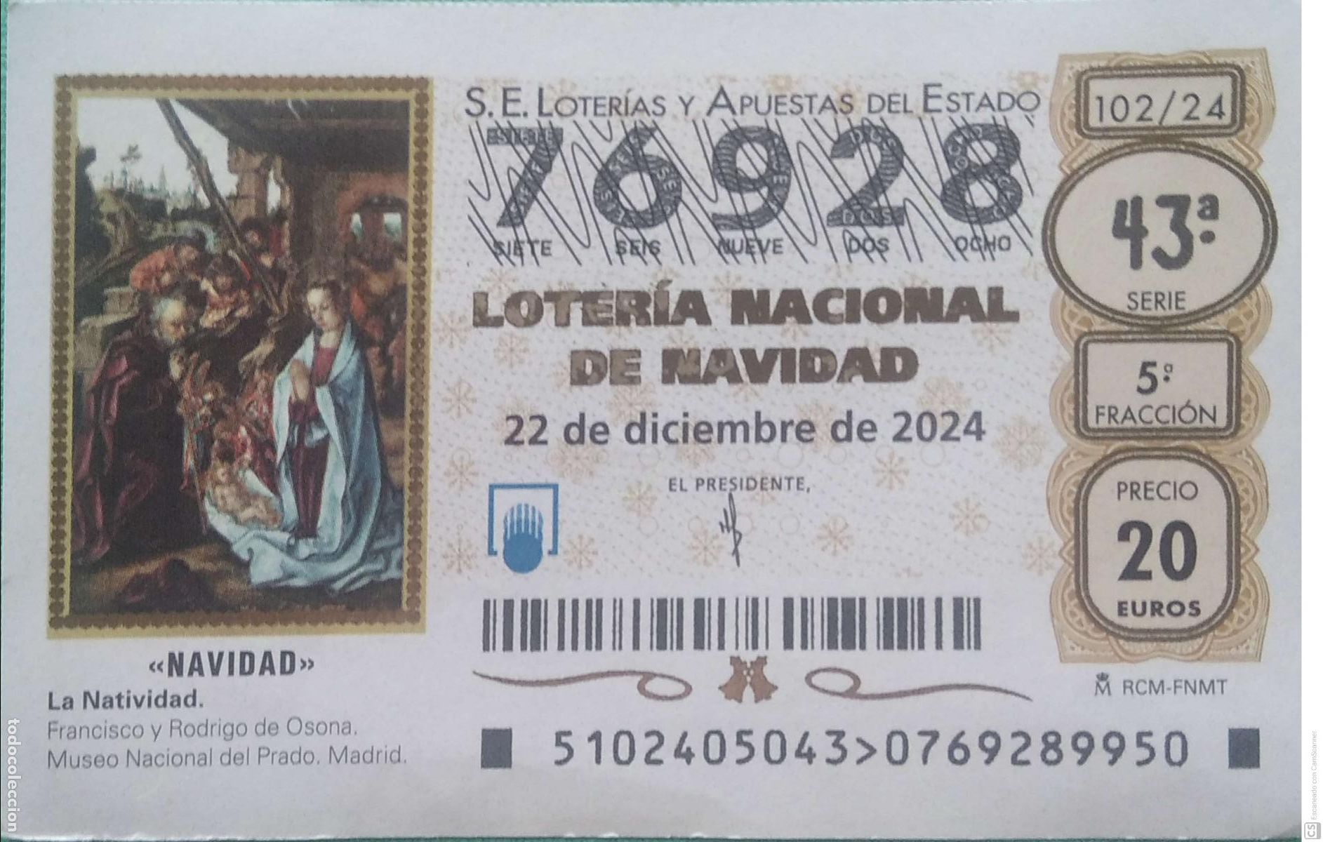 Lotaria Nacional: Espa&ntilde;a. Loter&iacute;a. 2024. Sorteo: 102 Navidad: La Natividad de Francisco y Rodrigo de Osona. Fecha: 22
