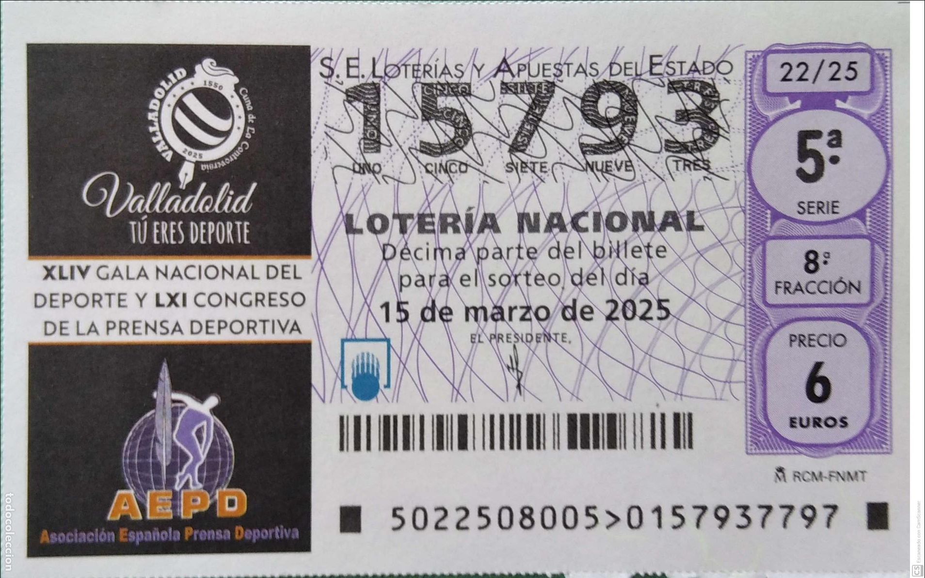 Lotaria Nacional: Espa&ntilde;a. Loter&iacute;a. 2025. Sorteo: 22 Valladolid: Gala Nacional del Deporte y Congreso de la Prensa Dep