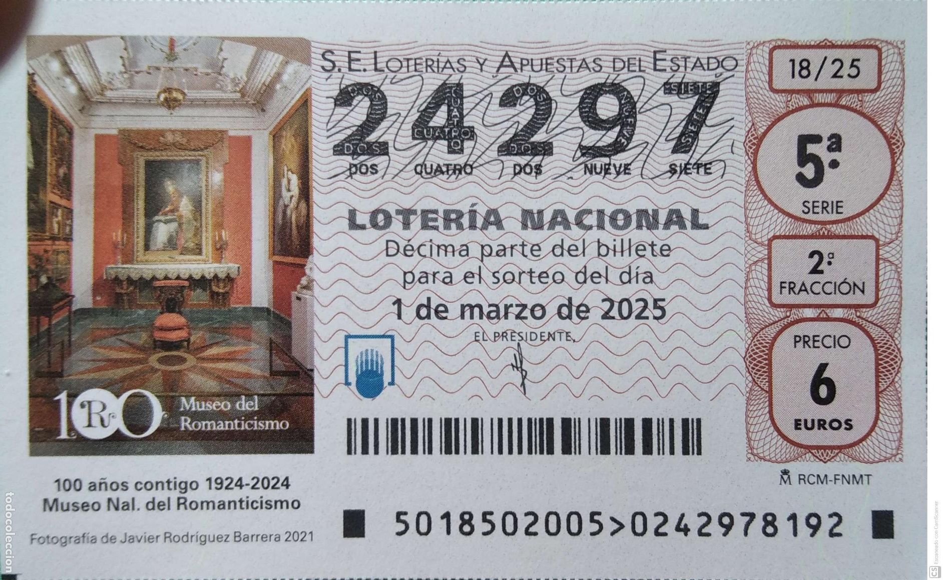 Lotaria Nacional: Espa&ntilde;a. Loter&iacute;a. 2025. Sorteo: 18 Museo Nal. del Romanticismo. 100 A&ntilde;os. Fecha: 1 marzo.