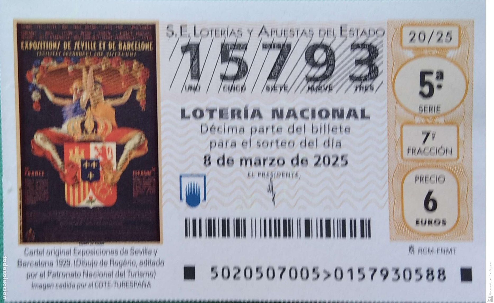 Lotaria Nacional: Espa&ntilde;a. Loter&iacute;a. 2025. Sorteo: 20 Cartel original Exposiciones de Sevilla y Barcelona 1929. Fecha: