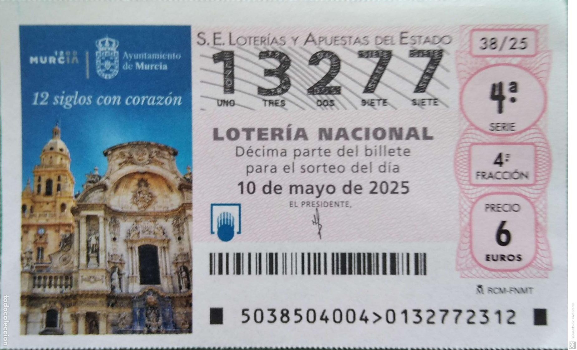 Lotaria Nacional: Espa&ntilde;a. Loter&iacute;a. 2025. Sorteo: 38 Murcia. 12 Siglos con coraz&oacute;n. Fecha: 10 mayo