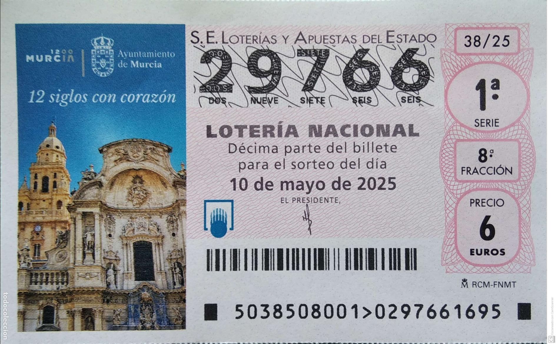 Lotaria Nacional: Espa&ntilde;a. Loter&iacute;a. 2025. Sorteo: 38 Murcia. 12 Siglos con coraz&oacute;n. Fecha: 10 mayo