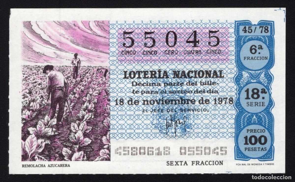 Lotaria Nacional: L. Nacional 18 Noviembre 1978. Remolacha Azucarera. N&ordm; 55045. Adm&oacute;n Hermana Do&ntilde;a Manolita. Madrid. D