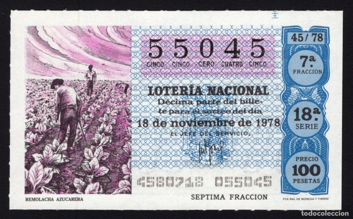 Lotaria Nacional: L. Nacional 18 Noviembre 1978. Remolacha Azucarera. N&ordm; 55045. Adm&oacute;n Hermana Do&ntilde;a Manolita. Madrid. D