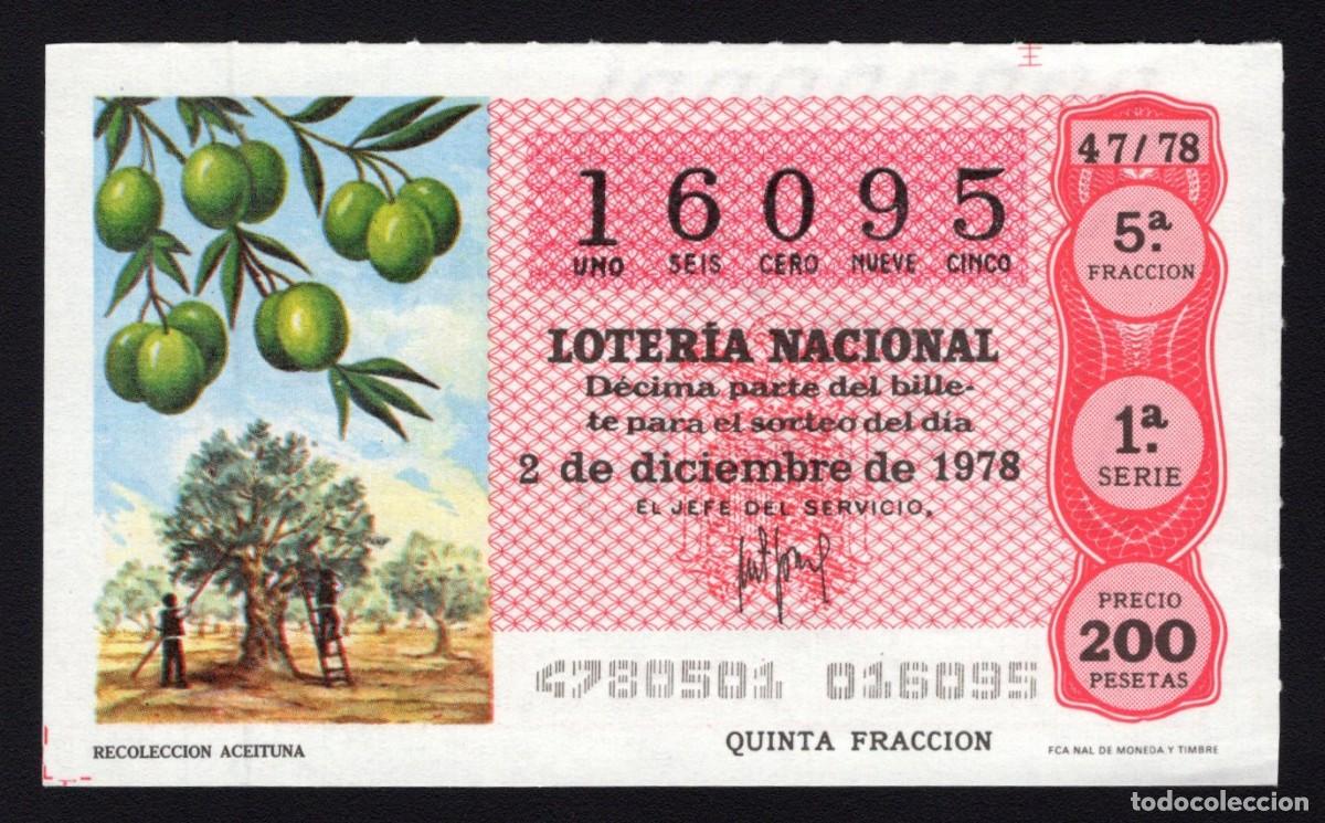Lotaria Nacional: L.Nacional 2 Diciembre 1978. Recolecci&oacute;n Aceituna. N&ordm; 16095. Adm&oacute;n 17 Aurea. Madrid.