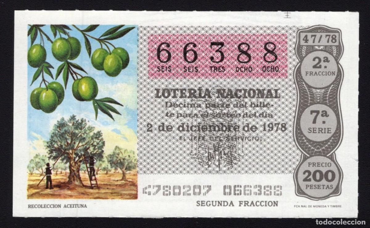 Loterie Nationale: L.Nacional 2 Diciembre 1978. Recolecci&oacute;n Aceituna. N&ordm; 66388. Admon 8 La Divina. Madrid. Desaparecida