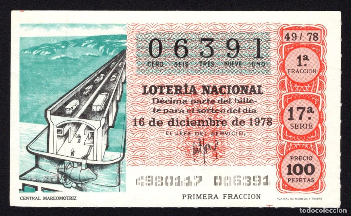 Loterie Nationale: L. Nacional 16 Diciembre 1978. Central Mareomotriz. N&ordm; 06391. Admon n&ordm; 65 Embajadores. Madrid. Desap