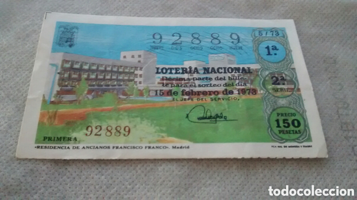 Nationale spanische Lotterie: DECIMO DE LA LOTERIA NACIONAL. SORTEO 15 DE FEBRERO 1973. 5/73 RESIDENCIA DE ANCIANOS FRANCISCO F