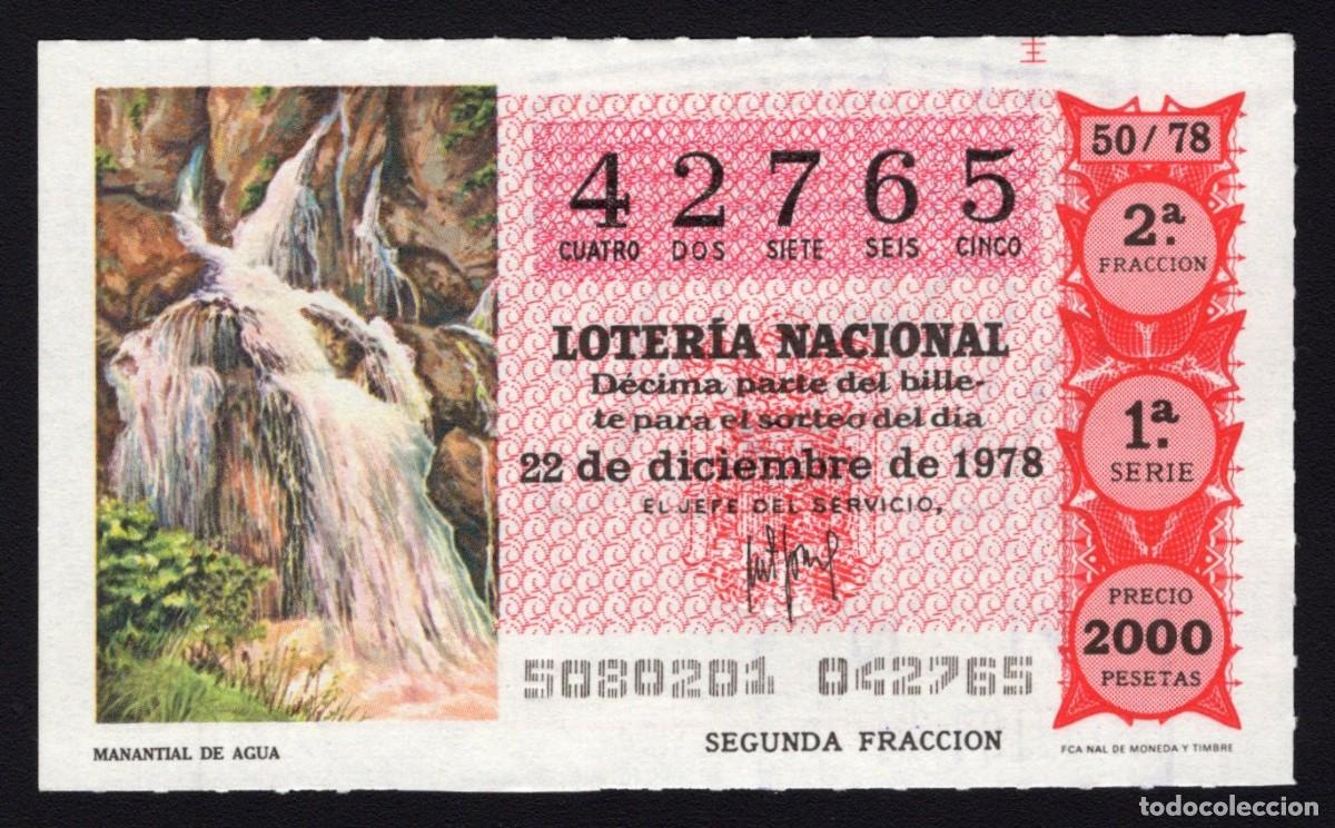 Nationale spanische Lotterie: L. Nacional 22 Diciembre 1978. Manantial de Agua. N&ordm; 42765. Admon 14 El Potos&iacute;. Madrid. Desaparecida